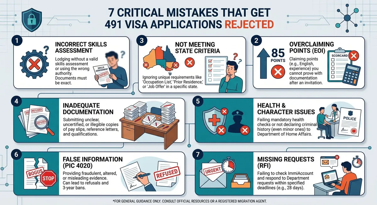 Infographic of seven critical mistakes that get 491 visa applications rejected: wrong skills assessment, overclaimed points, unmet state criteria, weak documentation, health and character issues, false information, and missed information requests.