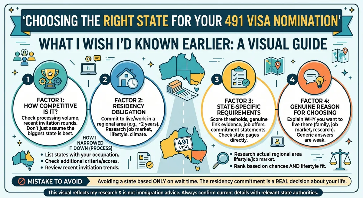 Visual guide to choosing a state for a 491 nomination, covering four factors: how competitive the stream is, the residency obligation, state-specific requirements, and a genuine reason for choosing the state.
