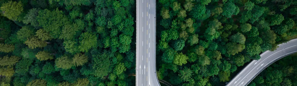 Aerial view of a highway curving through dense green forest.