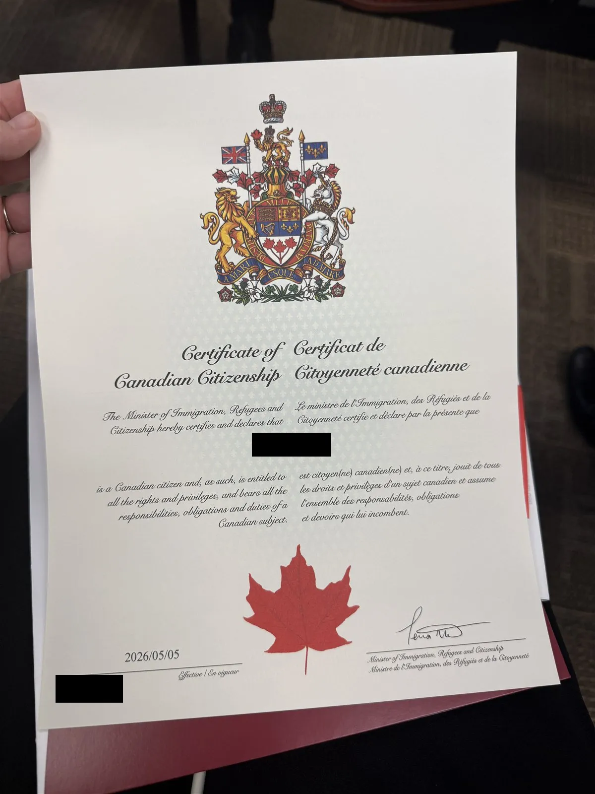 My Canadian citizenship certificate dated 5 May 2026, with my name and certificate number covered.