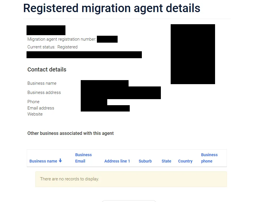The OMARA “Registered migration agent details” page for one agent. The current status reads Registered. The agent’s name, photo, registration number, business name, address, phone and email are covered with black boxes.