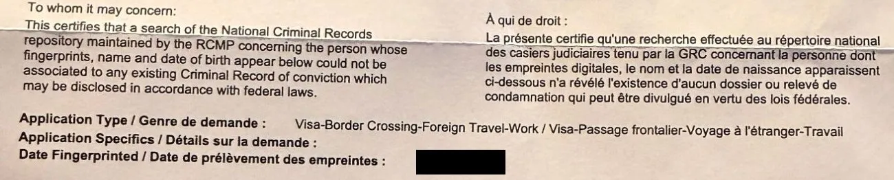 The top of an RCMP certificate of a criminal record check, in English and French, stating that a search of the National Criminal Records repository could not be associated to any existing criminal record of conviction. The application type reads Visa, Border Crossing, Foreign Travel, Work. Name, address, date of birth, fingerprints, photo and all dates are hidden.